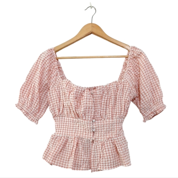 Guess sz S Pink and White Plaid Button-up Short Sleeve Peasant Blouse - Picture 1 of 14